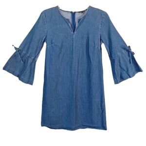 Ann Taylor Blue Chambray Shift Bell Sleeve Shift Dress Cotton Women Size 0 Boho